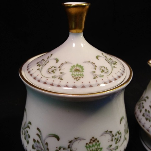 Johann Seltmann Vohenstrauss Sugar n Creamer w Lid Green Floral Gold Trim - Picture 15 of 16